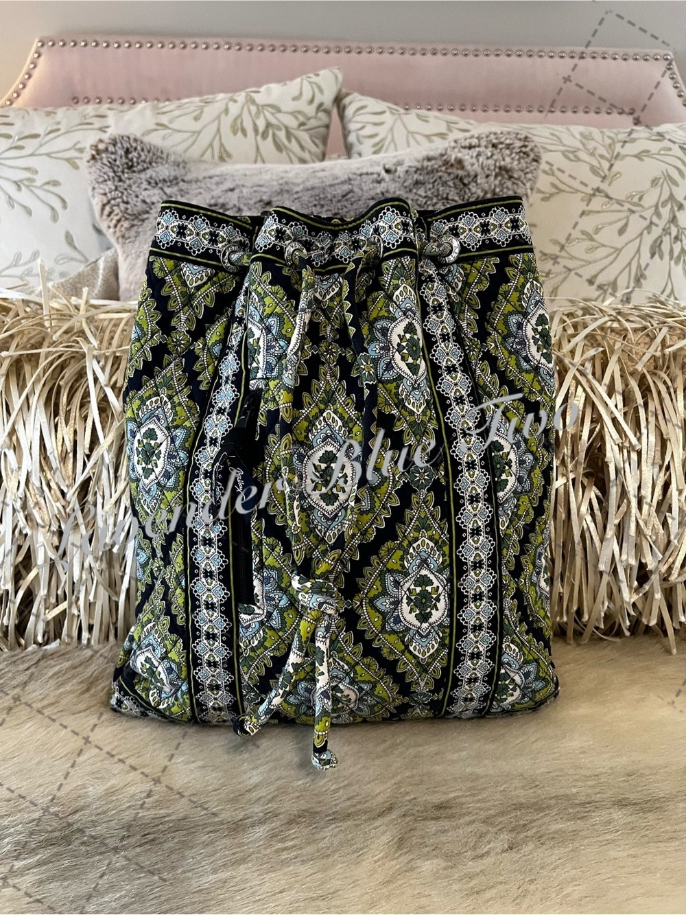 Vintage VERA BRADLEY Cambridge 2007 Drawstring Zipper Front Backpack Y2K Green